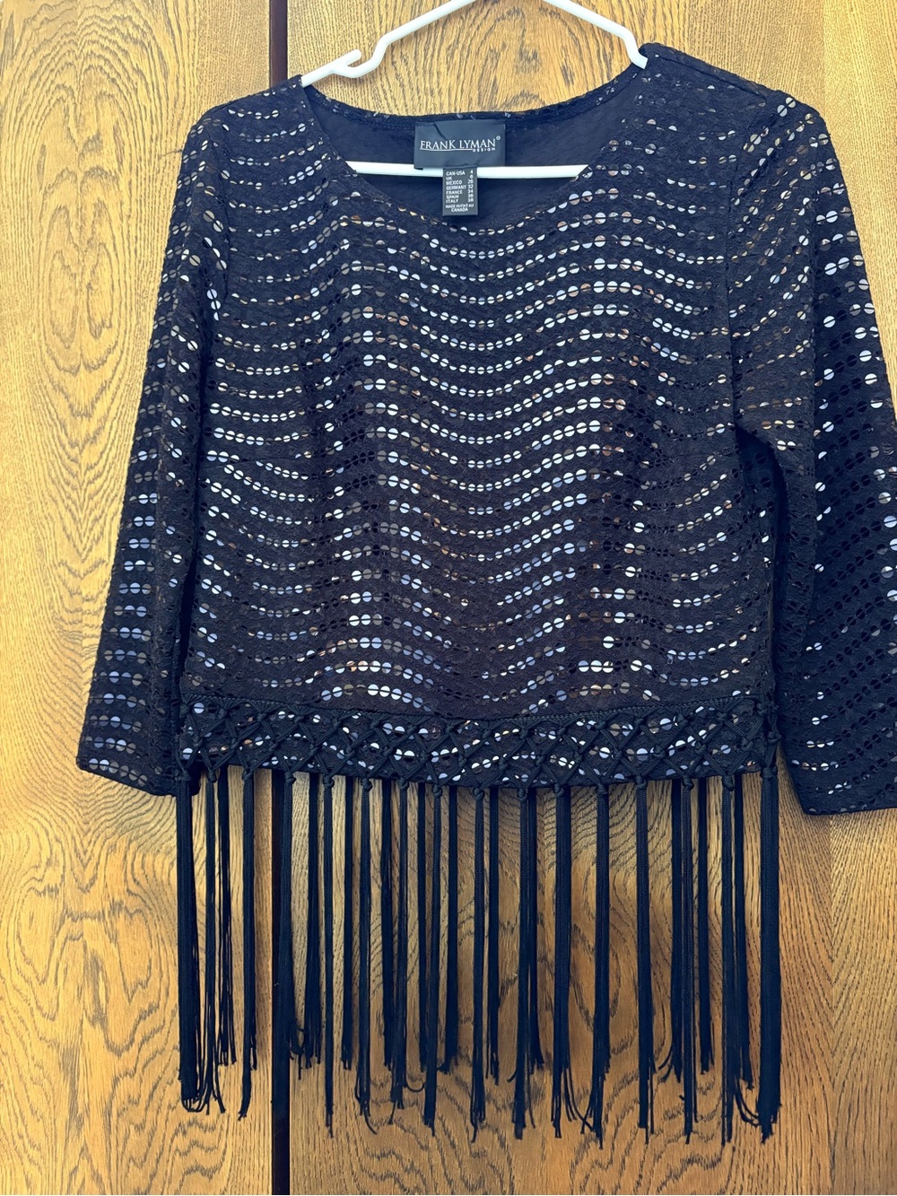 Frank Lyman Design Black Crochet Fringe Crop Top